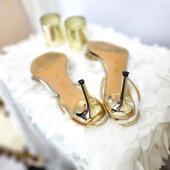 Zara shoes gold metallic kitten slingback heels  clear embellished vamp size 9 - Picture 10 of 11